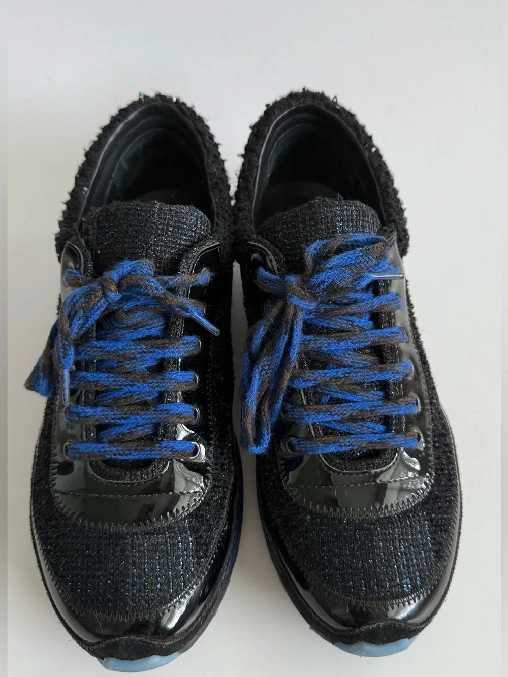 CHANEL CC Tweed Leather Black Navy Trainers Sneakers Shoes